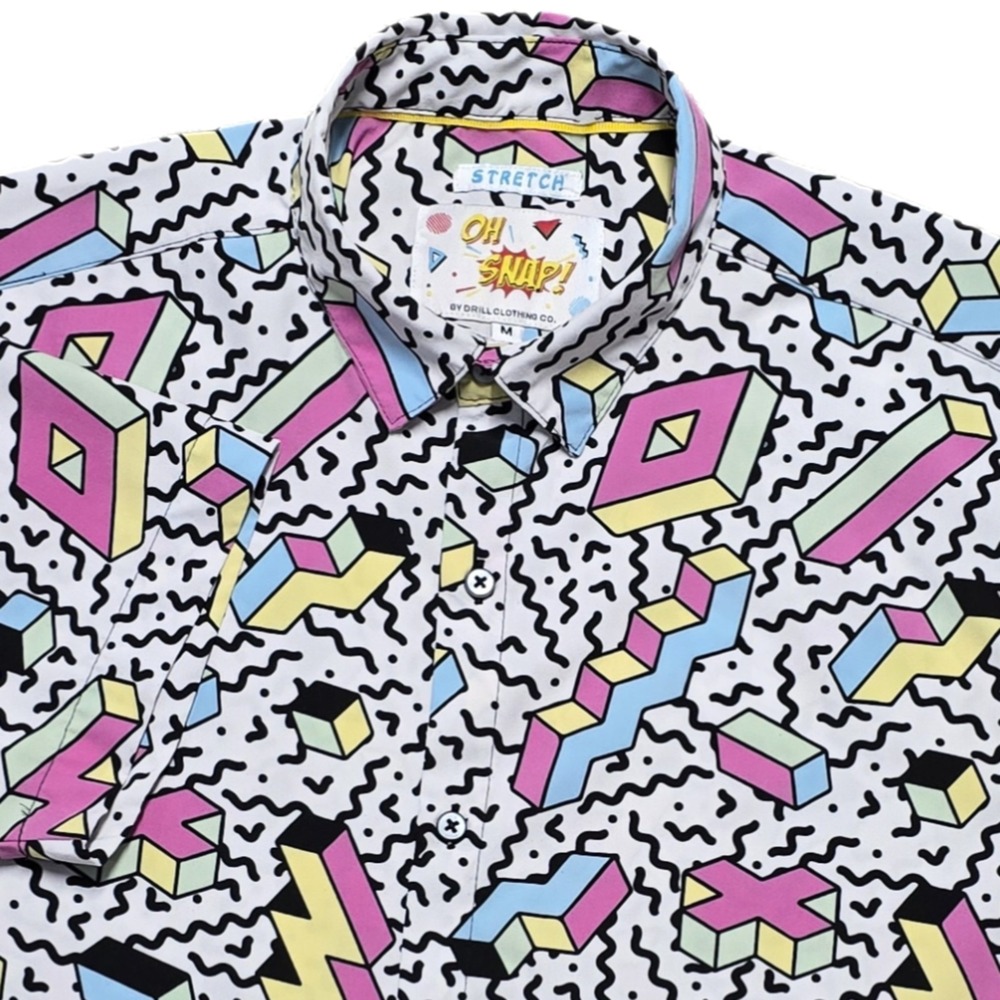 Oh Snap‎ Stretch Short Sleeve Button Down Y2K Retro 80's Design Mens Medium